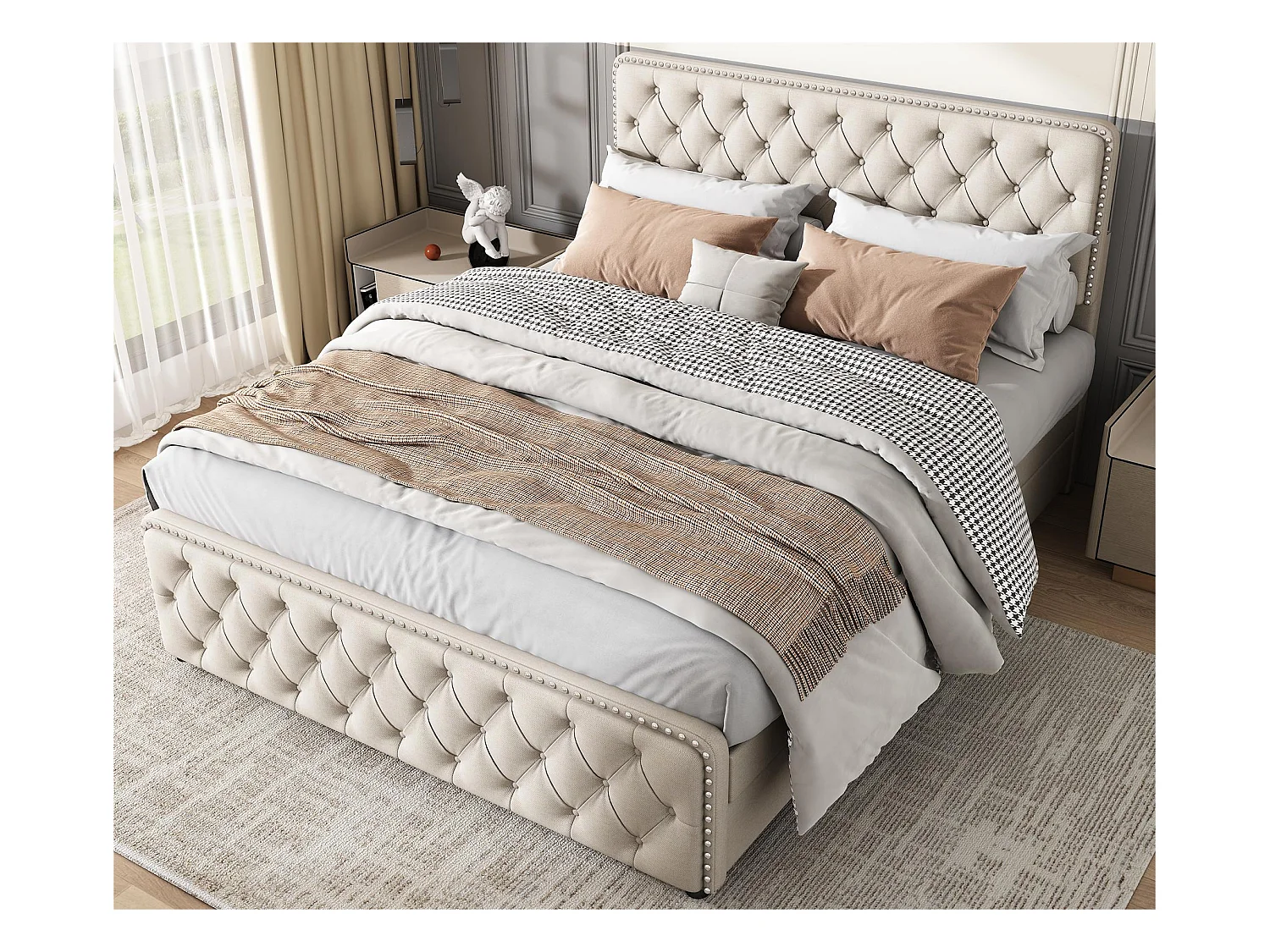 Gestoffeerd volwassenenbed 160x200cm met 4 laden - linnenstof - met verstelbaar hoofdeinde en lattenbodem - Beige