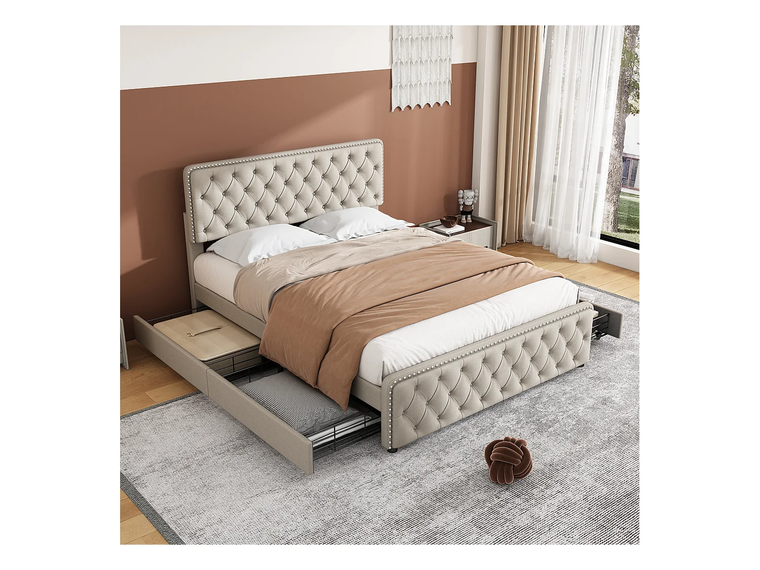 Gestoffeerd volwassenenbed 160x200cm met 4 laden - linnenstof - met verstelbaar hoofdeinde en lattenbodem - Beige