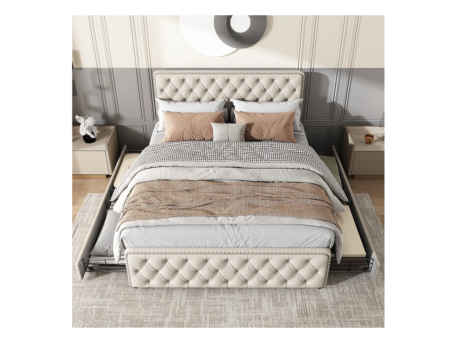 Gestoffeerd volwassenenbed 160x200cm met 4 laden - linnenstof - met verstelbaar hoofdeinde en lattenbodem - Beige
