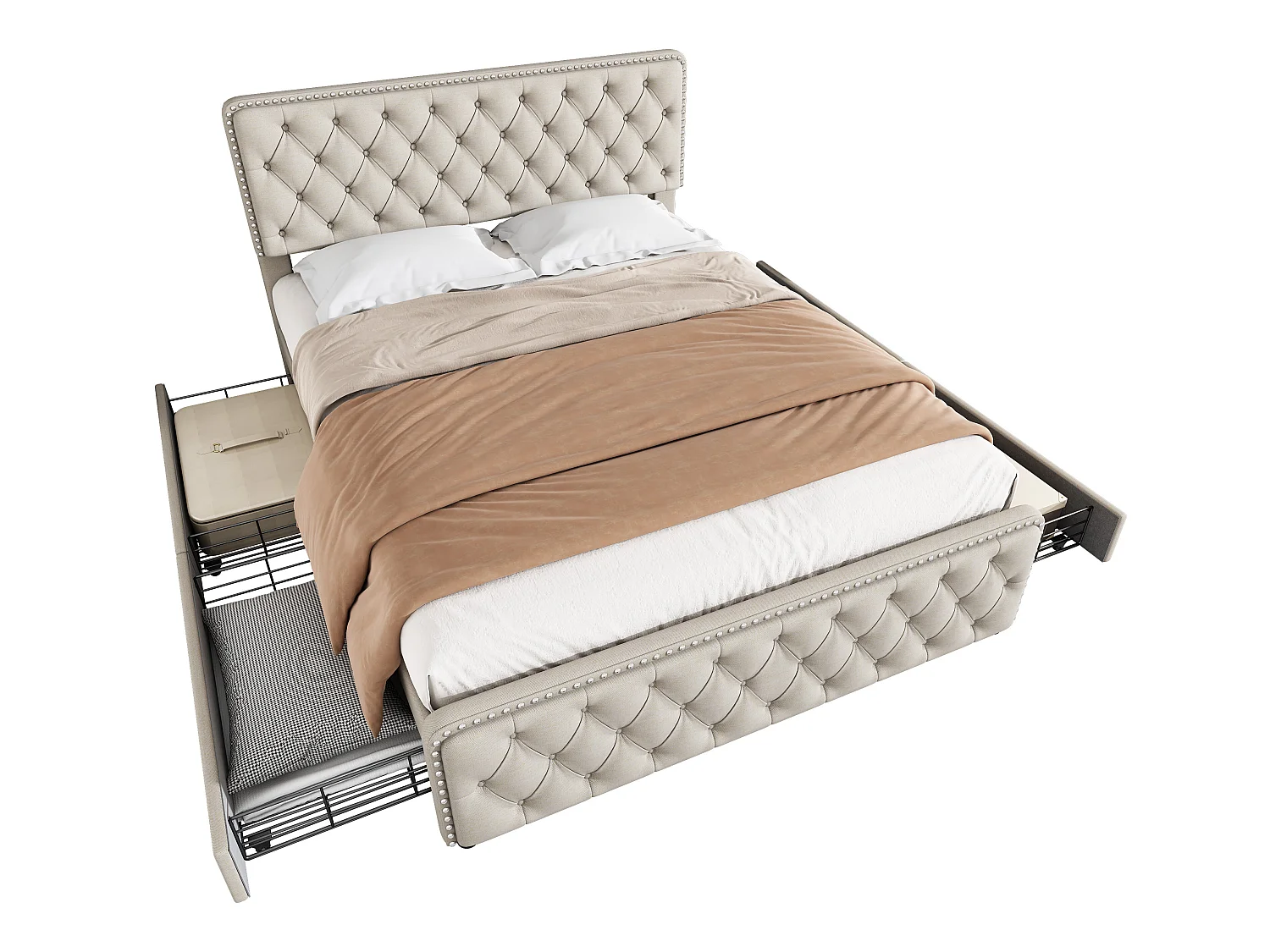 Gestoffeerd volwassenenbed 160x200cm met 4 laden - linnenstof - met verstelbaar hoofdeinde en lattenbodem - Beige