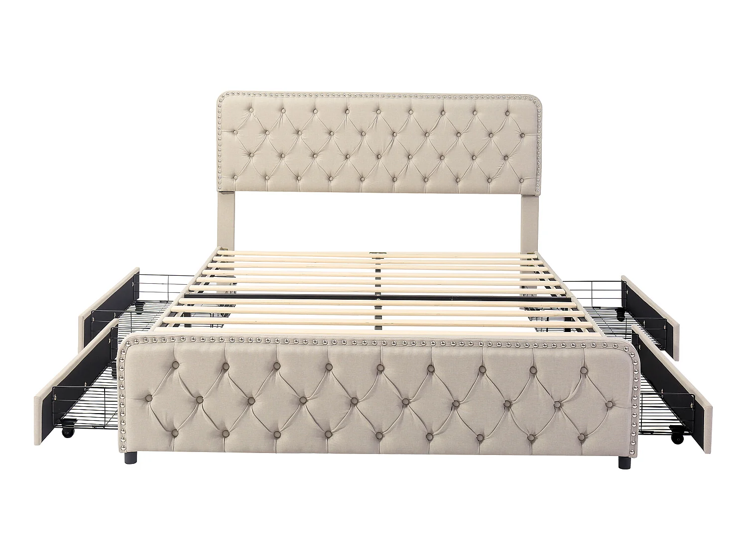 Gestoffeerd volwassenenbed 160x200cm met 4 laden - linnenstof - met verstelbaar hoofdeinde en lattenbodem - Beige