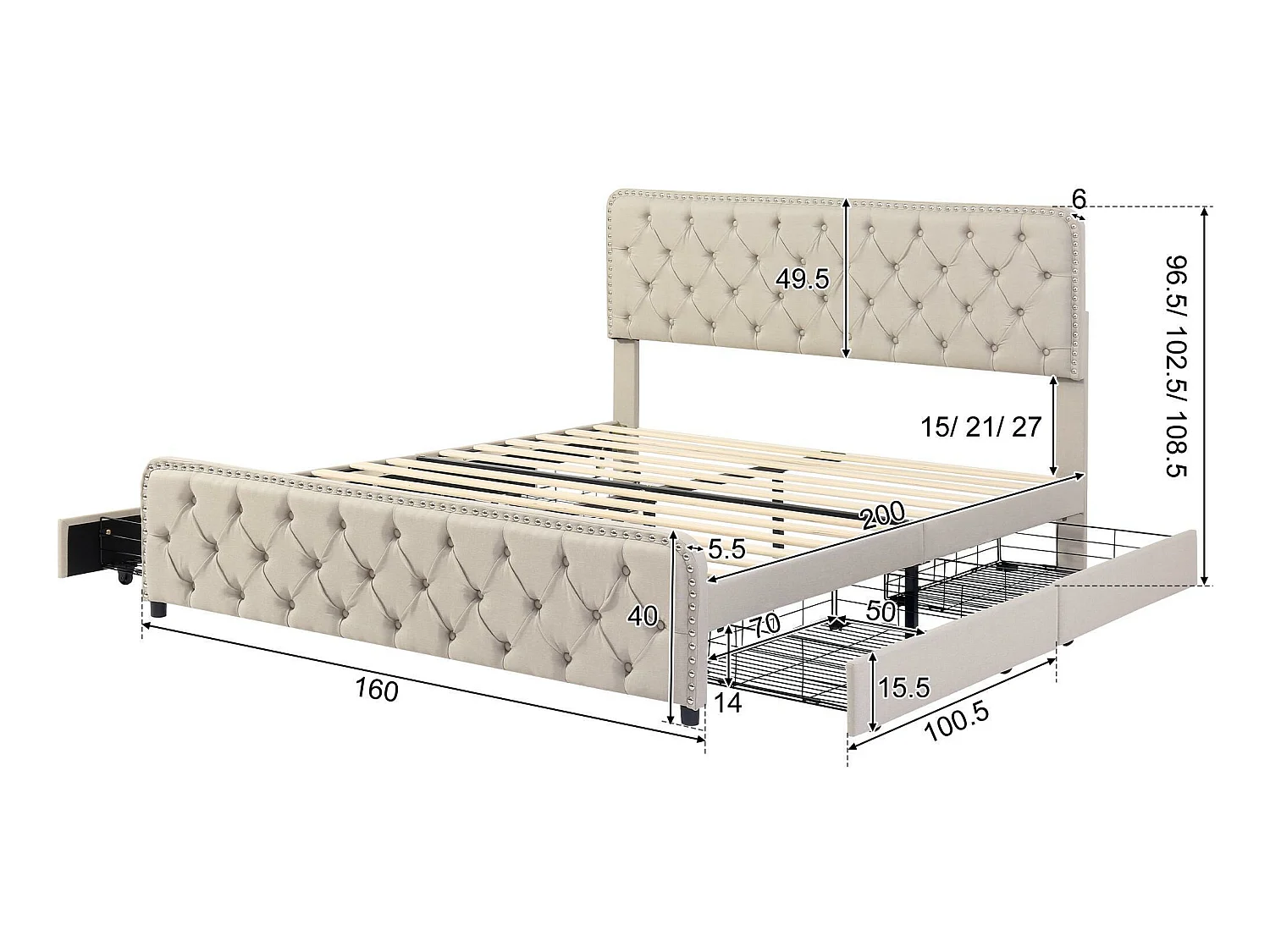 Gestoffeerd volwassenenbed 160x200cm met 4 laden - linnenstof - met verstelbaar hoofdeinde en lattenbodem - Beige