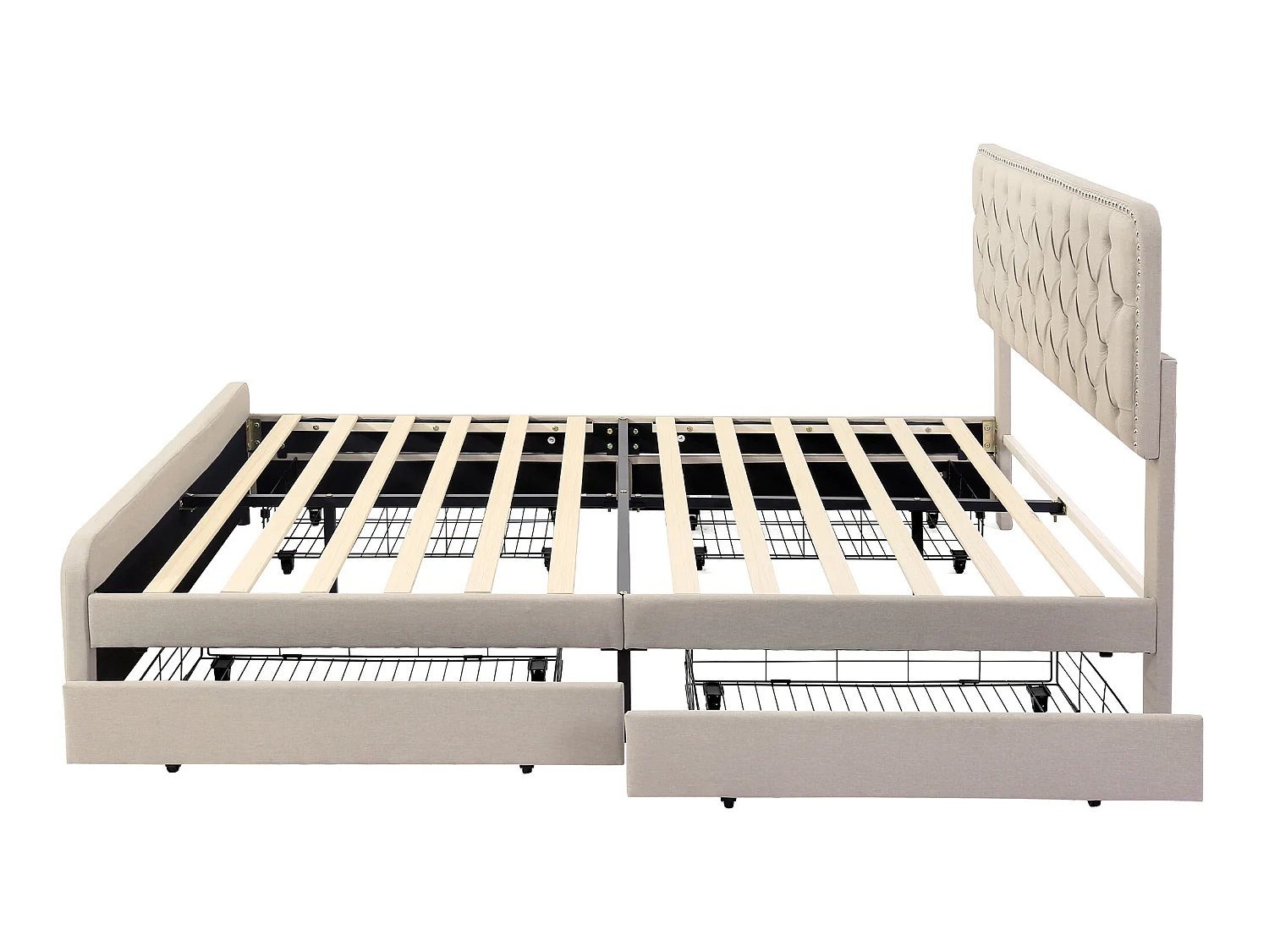 Gestoffeerd volwassenenbed 160x200cm met 4 laden - linnenstof - met verstelbaar hoofdeinde en lattenbodem - Beige