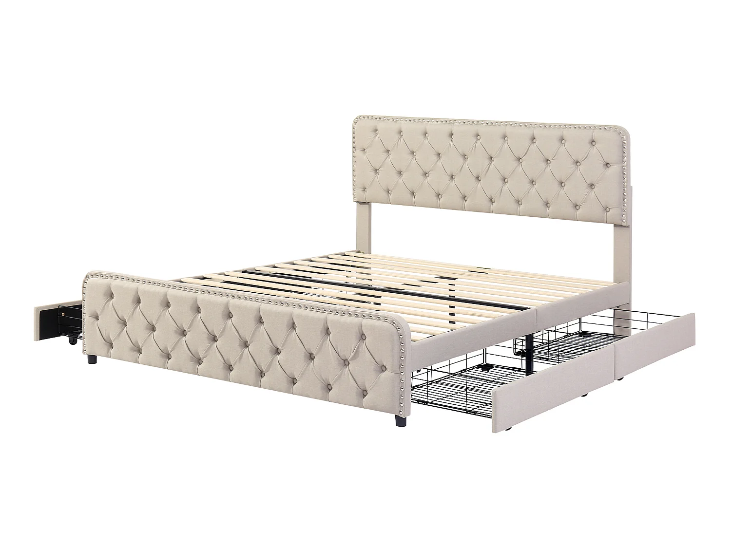 Gestoffeerd volwassenenbed 160x200cm met 4 laden - linnenstof - met verstelbaar hoofdeinde en lattenbodem - Beige