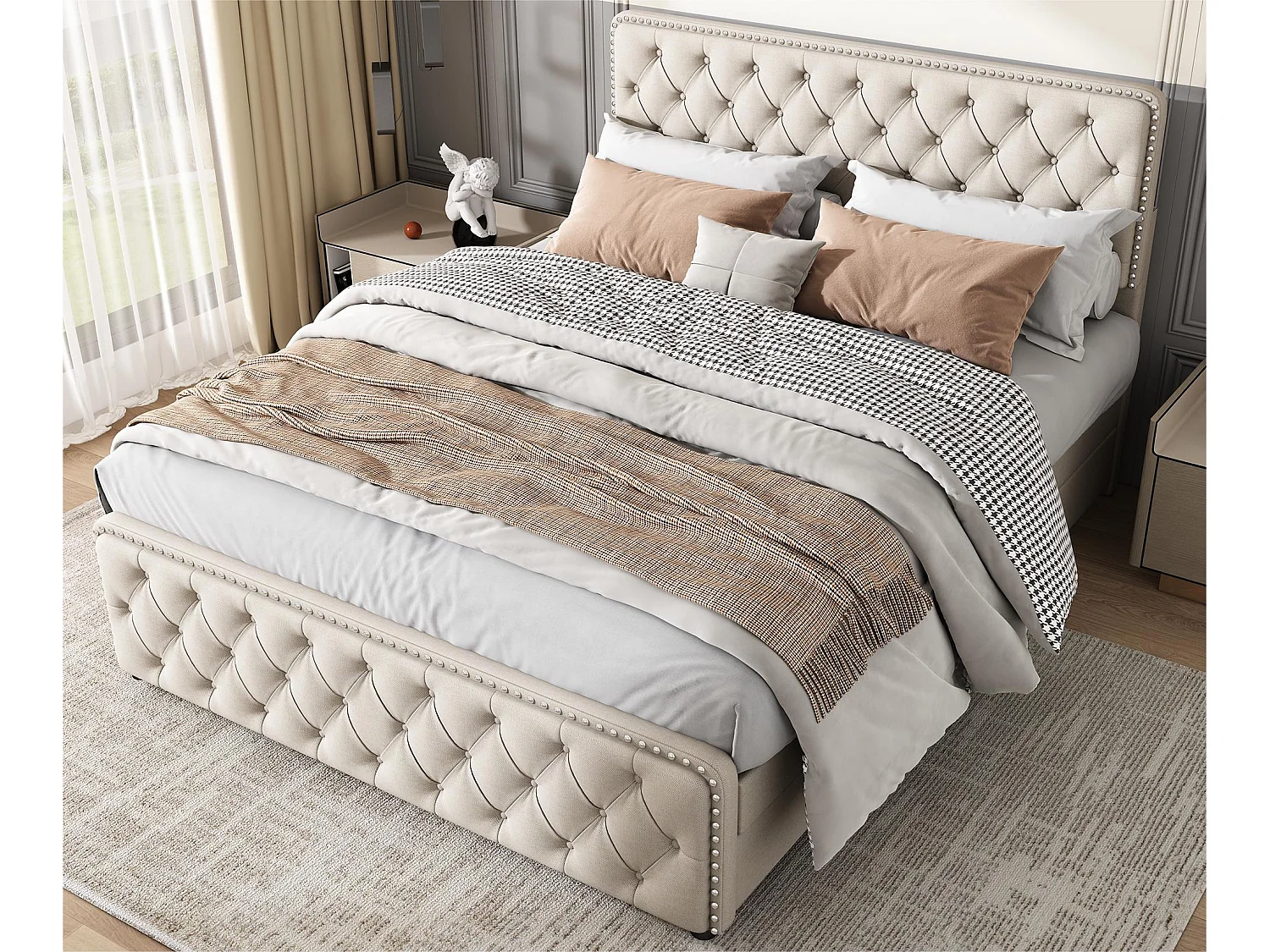 Gestoffeerd volwassenenbed 160x200cm met 4 laden - linnenstof - met verstelbaar hoofdeinde en lattenbodem - Beige