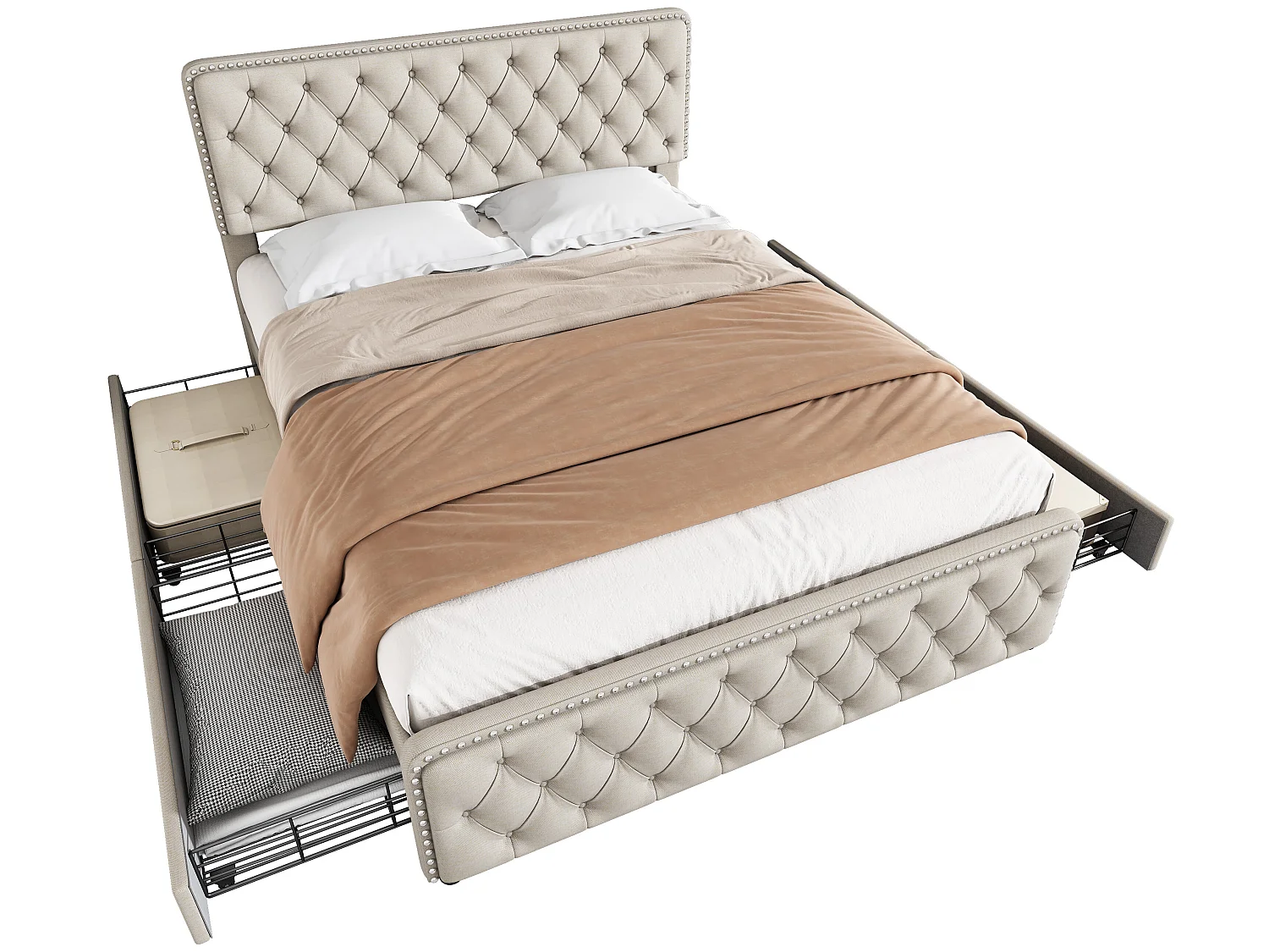 Gestoffeerd volwassenenbed 160x200cm met 4 laden - linnenstof - met verstelbaar hoofdeinde en lattenbodem - Beige