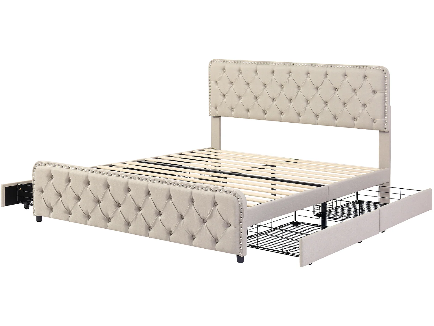 Gestoffeerd volwassenenbed 160x200cm met 4 laden - linnenstof - met verstelbaar hoofdeinde en lattenbodem - Beige