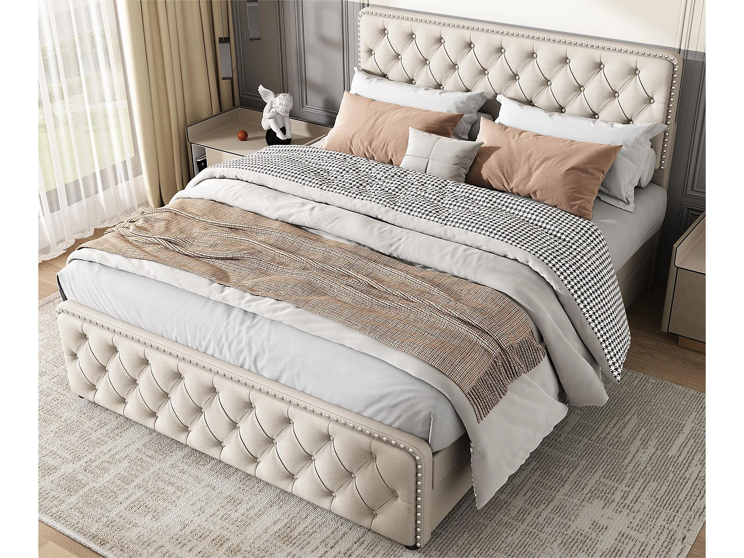 Lit adulte capitonné 140x200cm avec 4 tiroirs - tissu en lin - avec tête de lit réglable et sommier à lattes - Beige