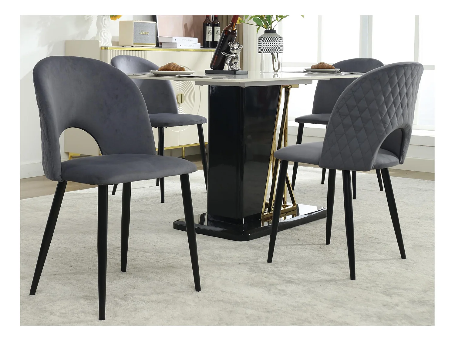 Lot de 4 Chaises rembourrées en velours - recouvertes de motif losange - pieds réglables - Gris