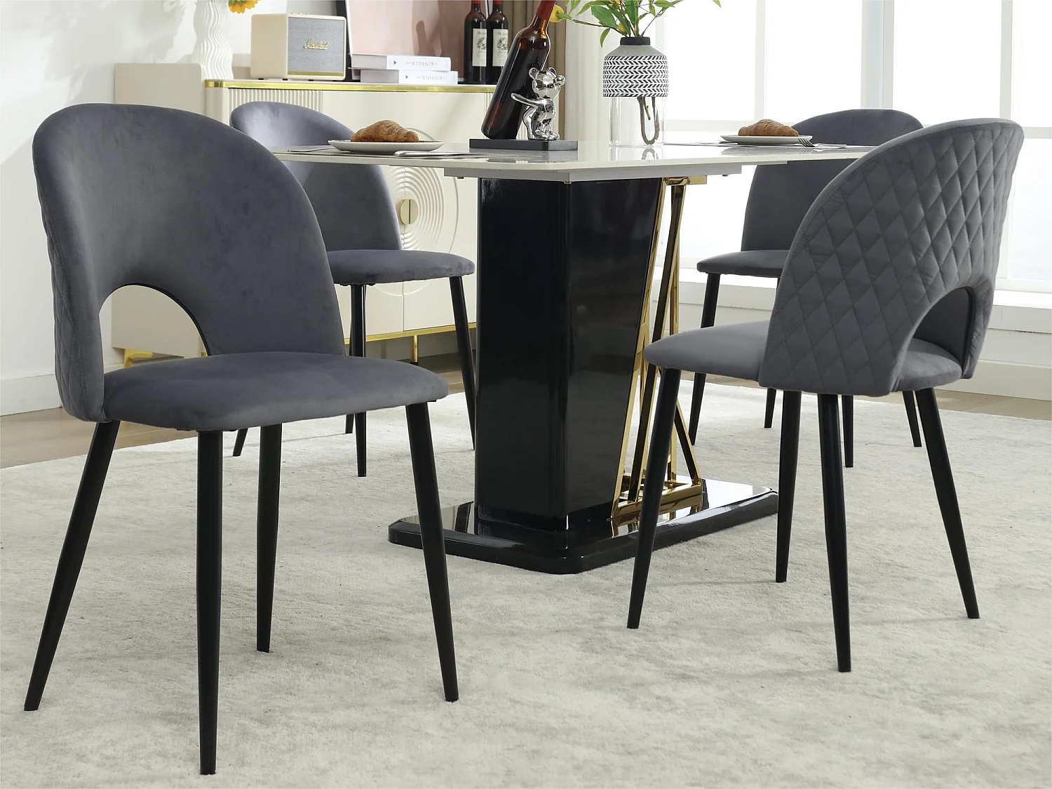 Lot de 4 Chaises rembourrées en velours - recouvertes de motif losange - pieds réglables - Gris