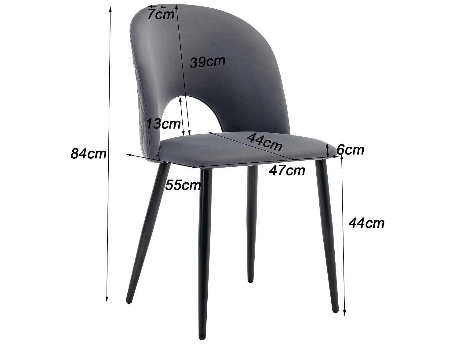 Lot de 4 Chaises rembourrées en velours - recouvertes de motif losange - pieds réglables - Gris