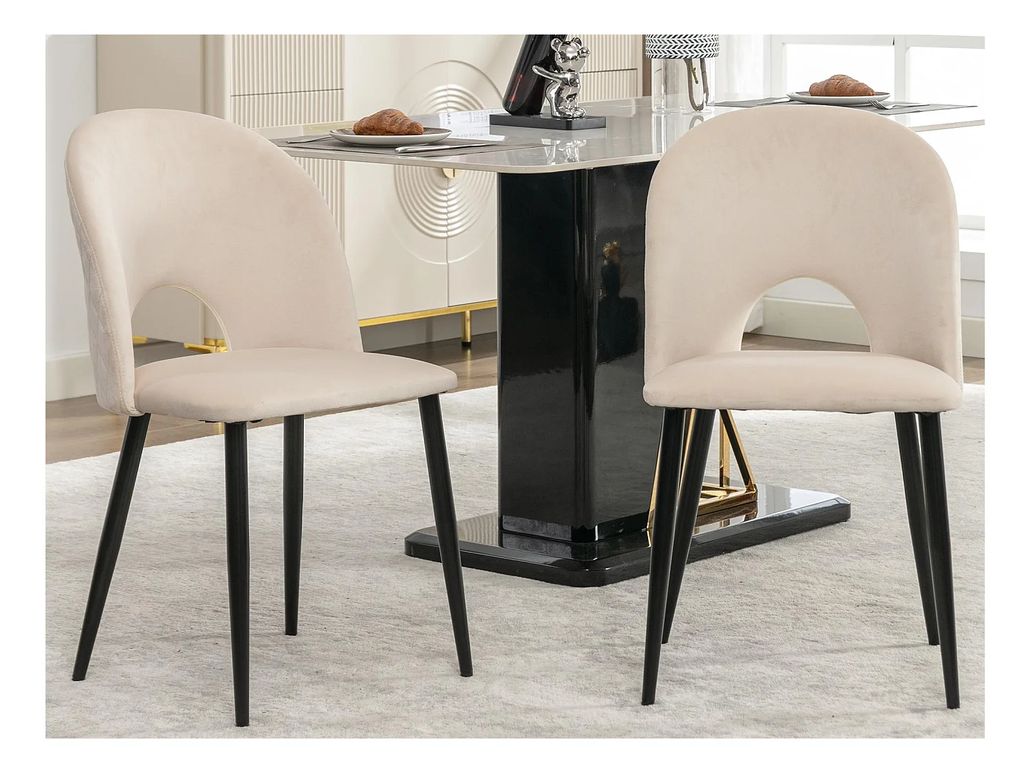 Lot de 2 Chaises rembourrées en velours  - recouvertes de motif losange - pieds réglables - Beige