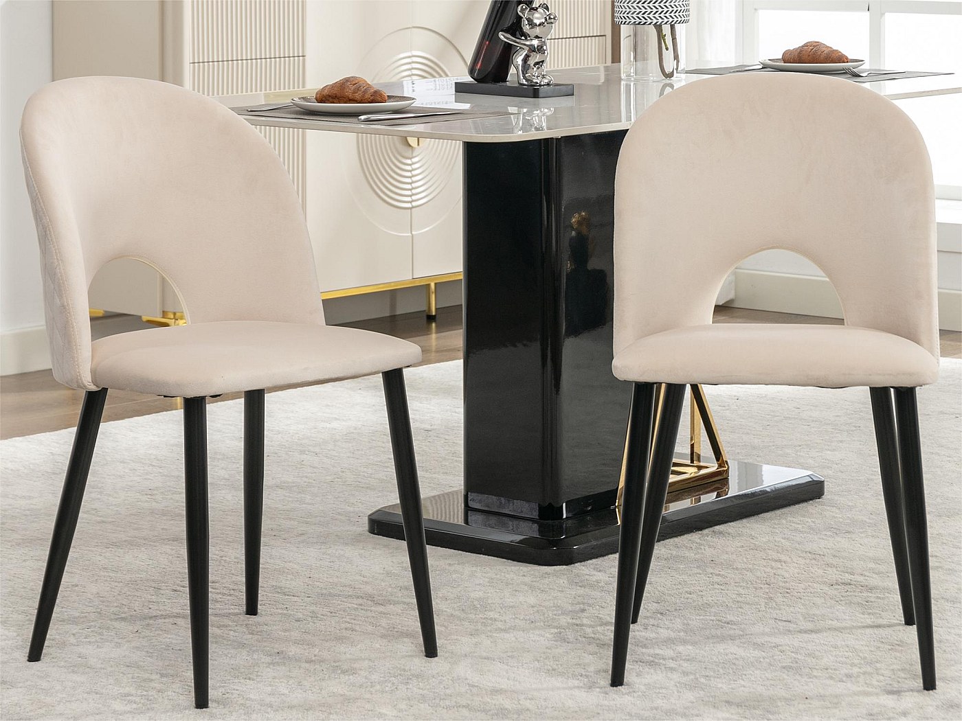 Ensemble Salle à Manger 2 Chaises Velours Crème + Table Chêne 80x80 Cm - Style Moderne Et Compact - 8