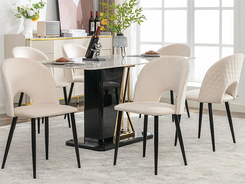 Set di 6 sedie imbottite in velluto - rivestimento con motivo a rombi - piedini regolabili - Beige