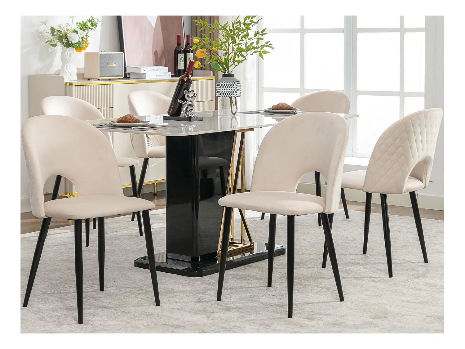 Lot de 6 Chaises rembourrées en velours  - recouvertes de motif losange - pieds réglables - Beige