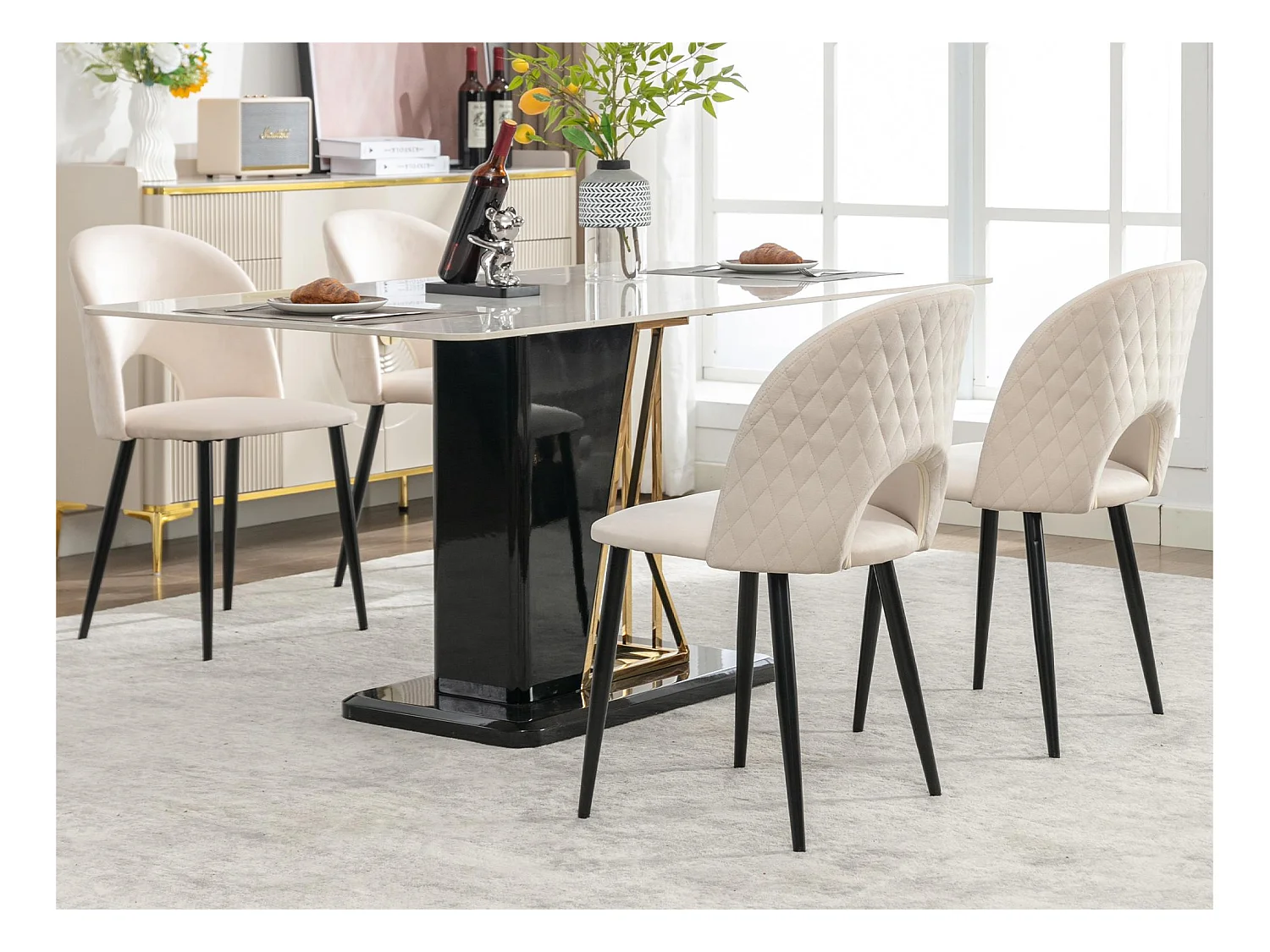 Lot de 4 Chaises rembourrées en velours  - recouvertes de motif losange - pieds réglables - Beige