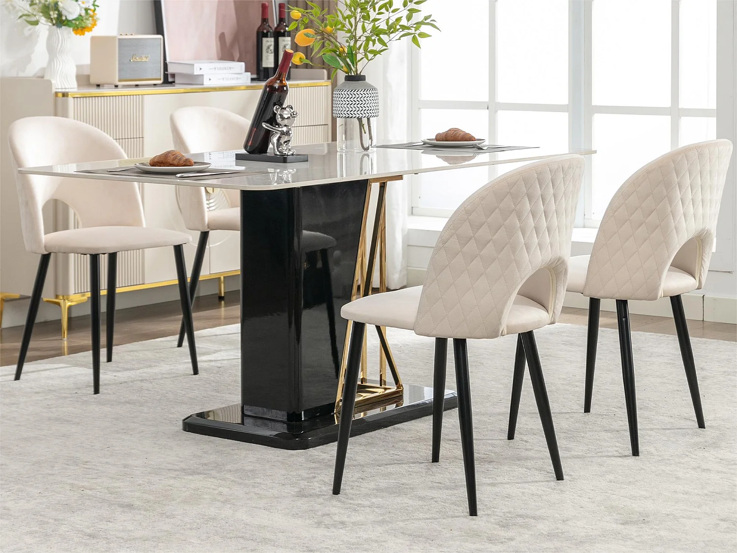 Lot de 4 Chaises rembourrées en velours  - recouvertes de motif losange - pieds réglables - Beige