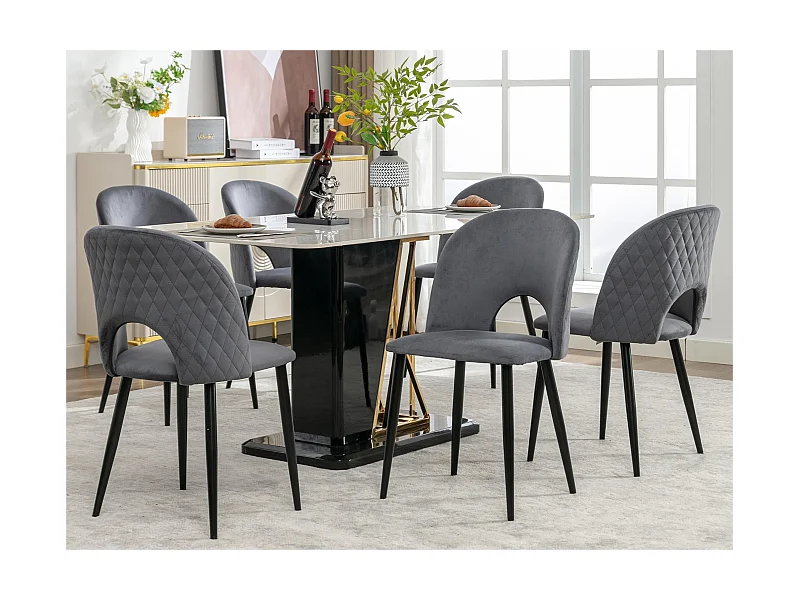 Set mit 6 gepolsterten Samtstühlen – mit Rautenmuster bezogen – verstellbare Füße – Grau