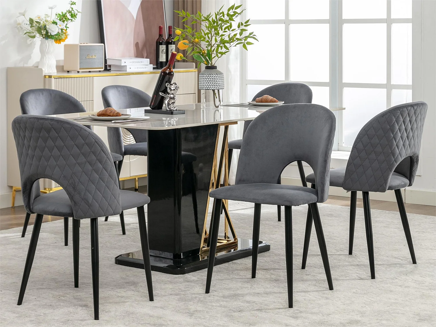 Set van 6 Fluwelen gestoffeerde stoelen - bekleed met ruitpatroon - verstelbare poten - Grijs