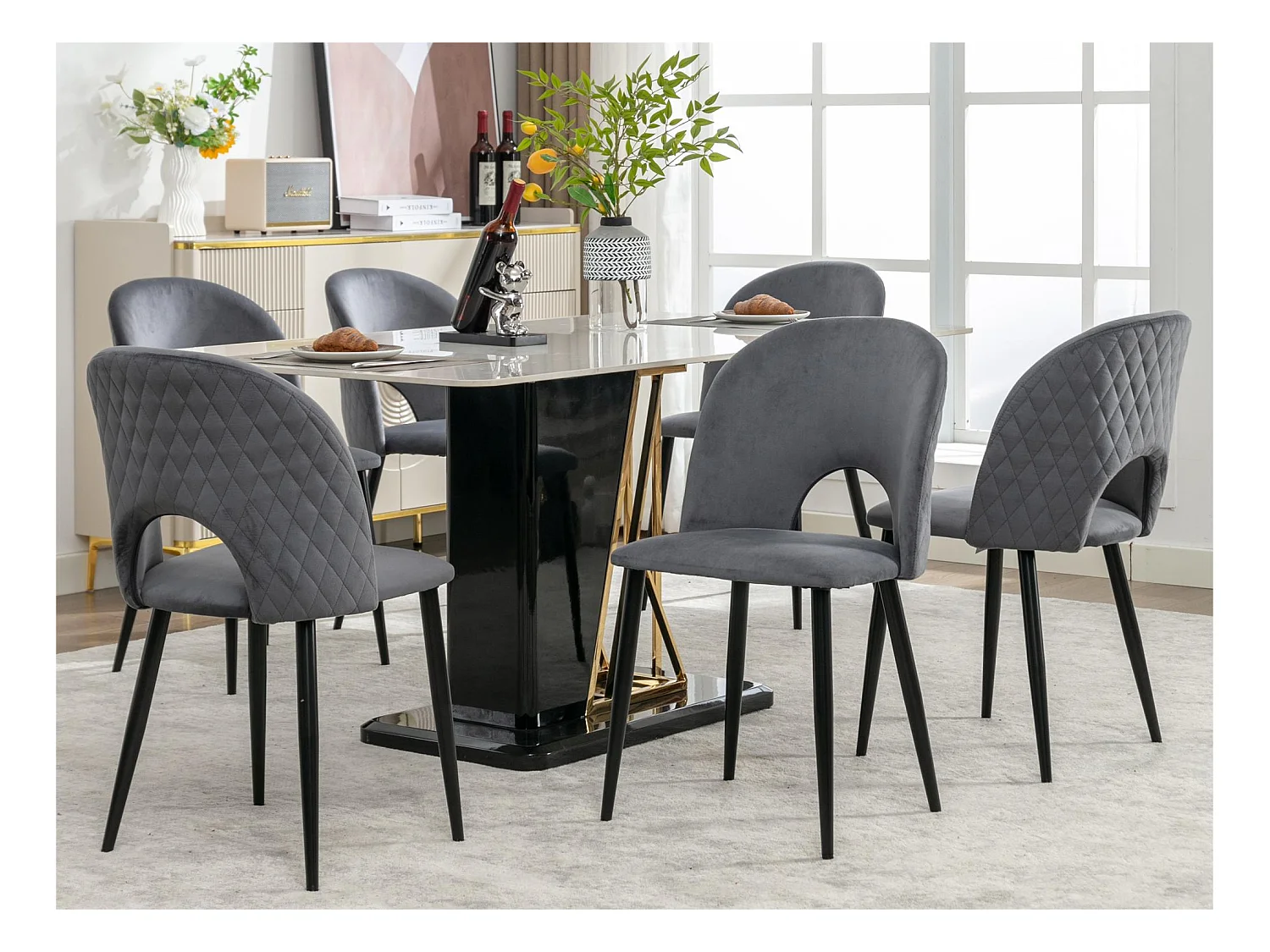 Lot de 6 Chaises rembourrées en velours - recouvertes de motif losange - pieds réglables - Gris