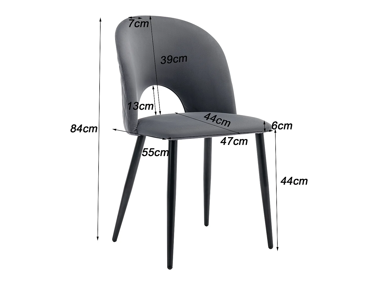 Lot de 6 Chaises rembourrées en velours - recouvertes de motif losange - pieds réglables - Gris