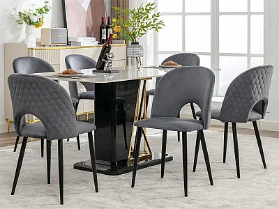 Lot de 6 Chaises rembourrées en velours - recouvertes de motif losange - pieds réglables - Gris