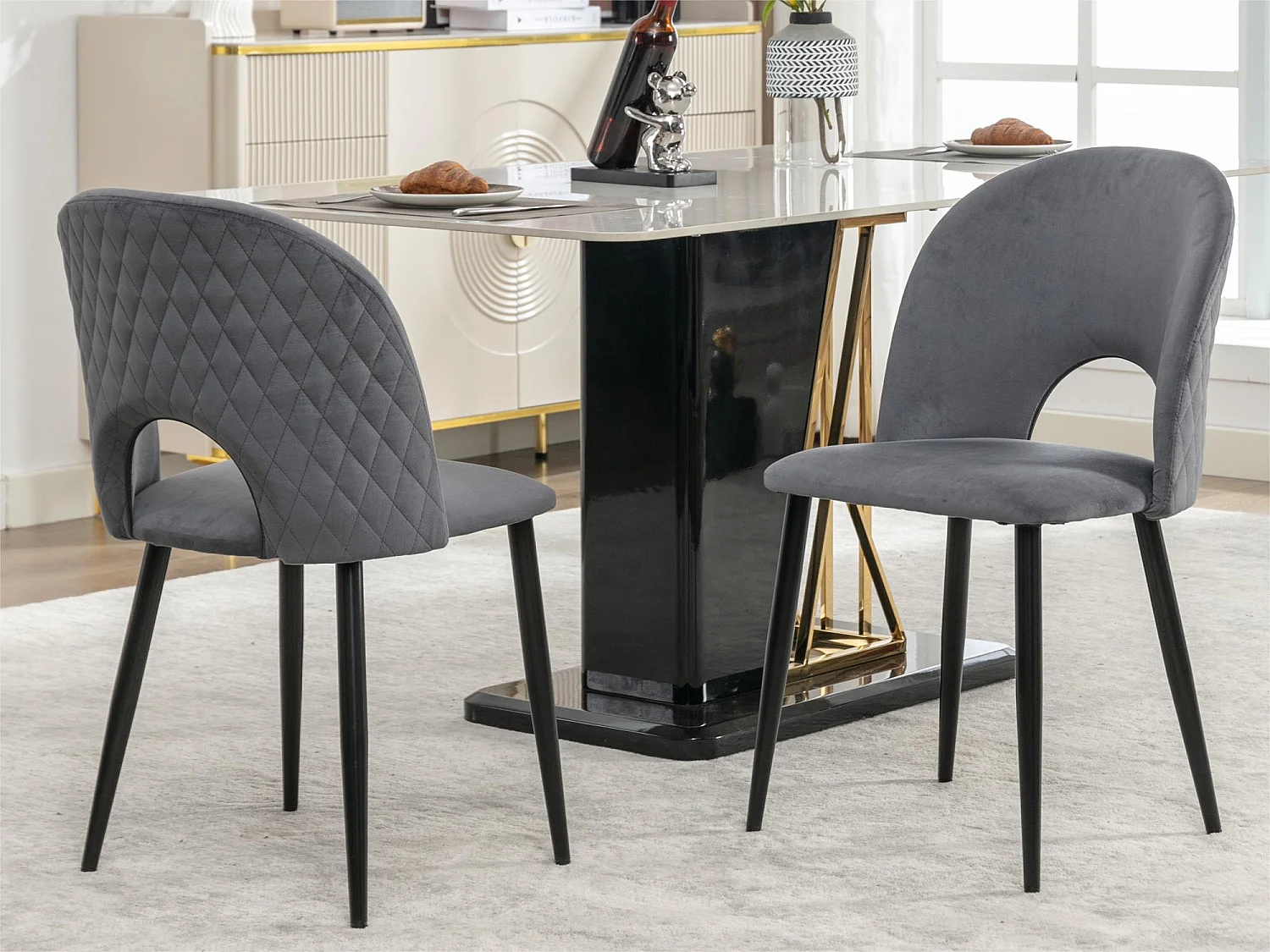 Set van 2 Fluwelen gestoffeerde stoelen - bekleed met ruitpatroon - verstelbare poten - Grijs