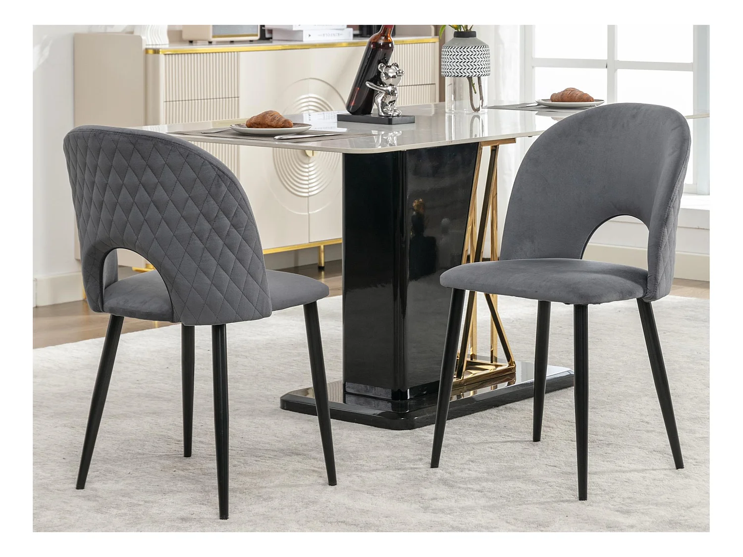 Lot de 2 Chaises rembourrées en velours - recouvertes de motif losange - pieds réglables - Gris