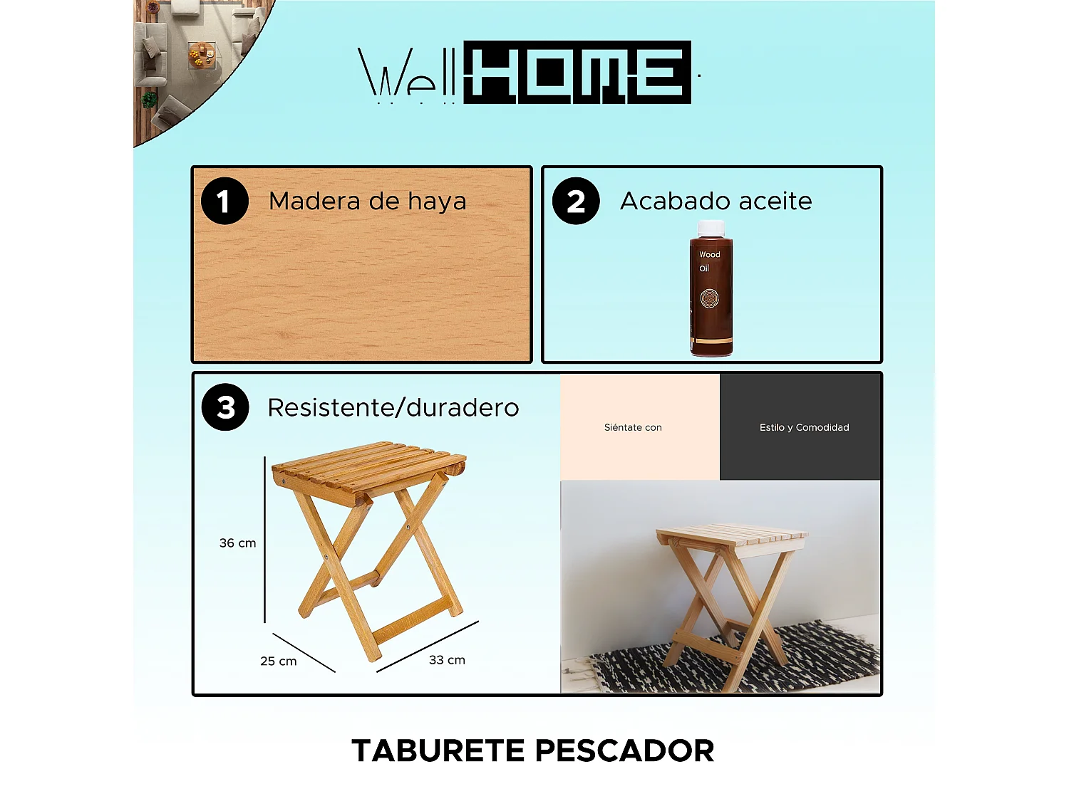 Tabouret PESCADOR en bois, finition huilée, 33x25x36 cm