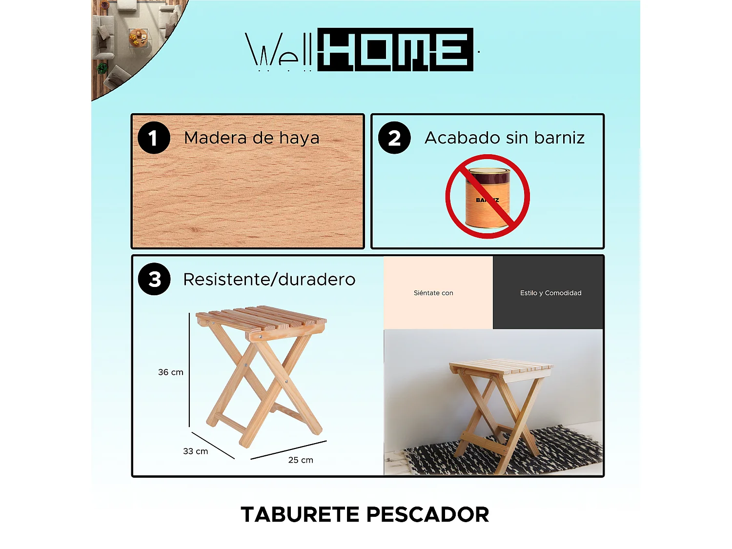 Tabouret FISHER en bois, finition SANS vernis, 33x22x36 cm