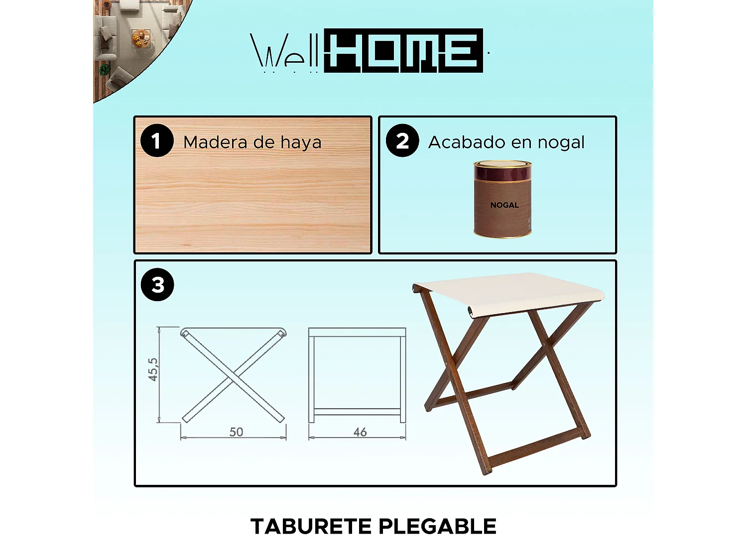 Tabouret directeur pliant en bois, finition noyer, 46x46x50 cm