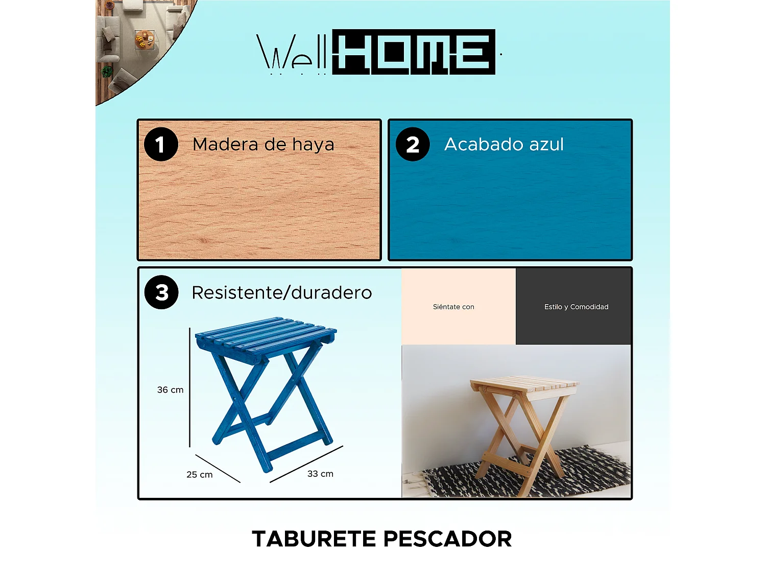 Tabouret pliant FISHER en bois, finition bleue, 33x25x36 cm