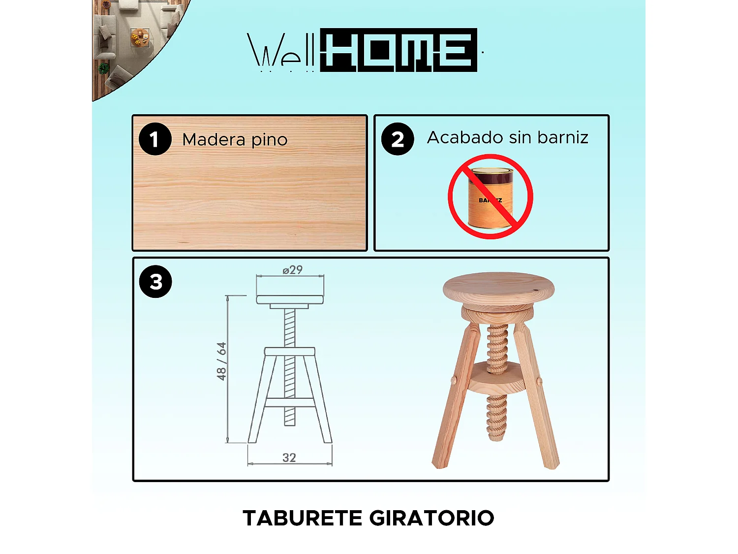 Tabouret rond pivotant en bois, finition SANS vernis, 29x29x64 cm