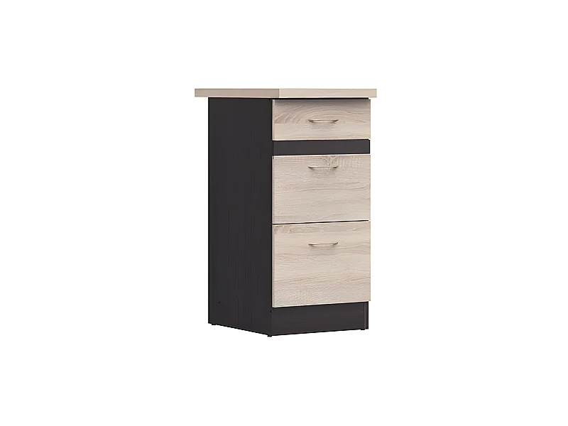 JUNONA Meuble bas de cuisine 40 cm - 3 tiroirs - Plan de travail - Chene sonoma