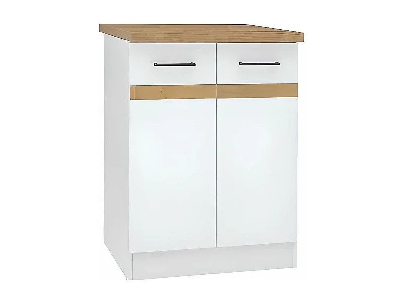 Meuble bas de cuisine 60 cm - 2 Portes - Plan de travail - Blanc brillant