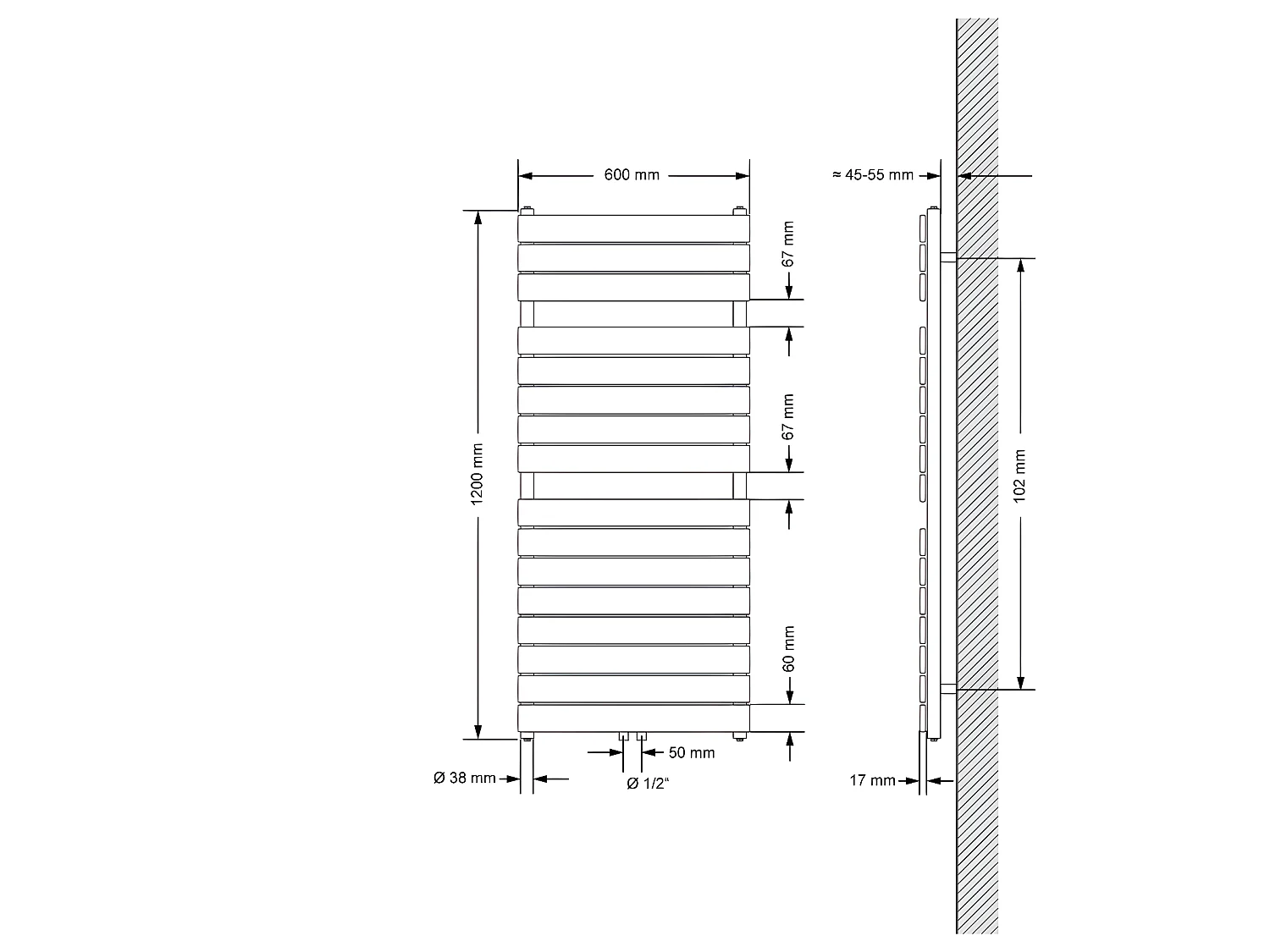 ECD Germany Radiateur de Salle de Bain Steam, 600 x 1200 mm, Blanc, avec Raccord Central 50 mm, Monobloc, Plat, Vertical, à Une Seule Couche
