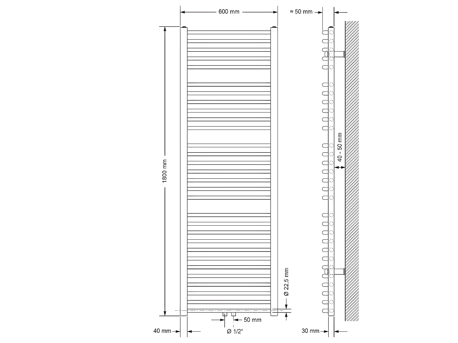 ECD Germany Sèche-Serviettes Sahara Non Électrique - 600 x 1800 mm - Chrome - Connexion Central - sans Kit de Raccordement
