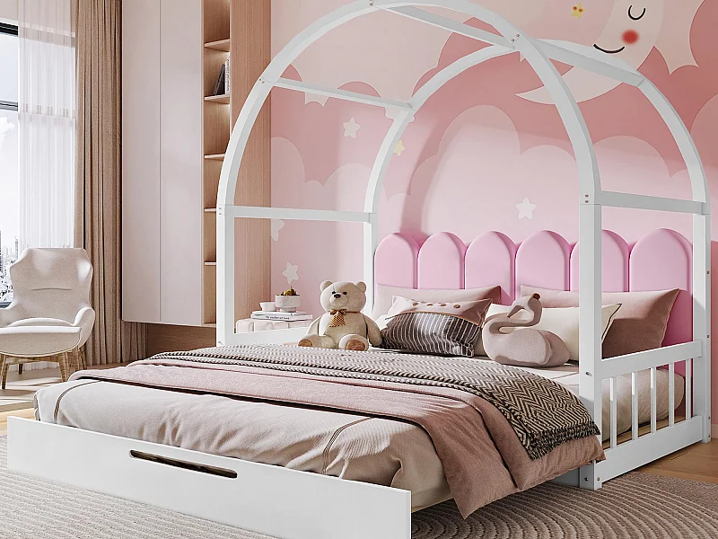 Lit gigogne 140x100/200cm en bois massif - avec tête en velours et sommier à lattes - Rose & Blanc