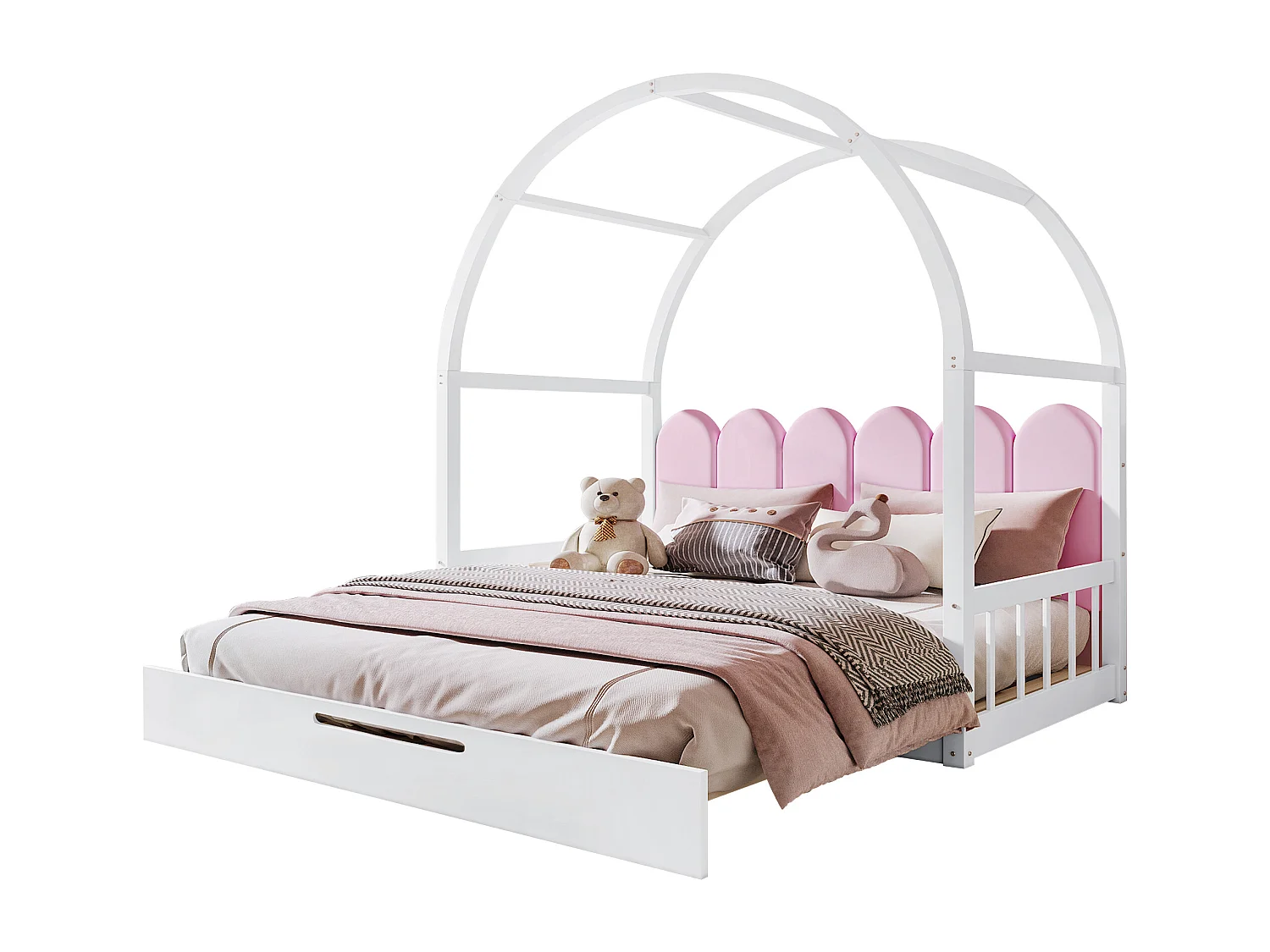 Lit gigogne 140x100/200cm en bois massif - avec tête en velours et sommier à lattes - Rose & Blanc