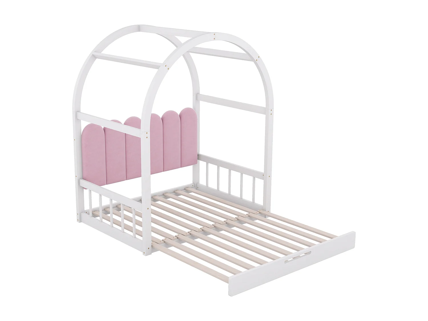 Lit gigogne 140x100/200cm en bois massif - avec tête en velours et sommier à lattes - Rose & Blanc