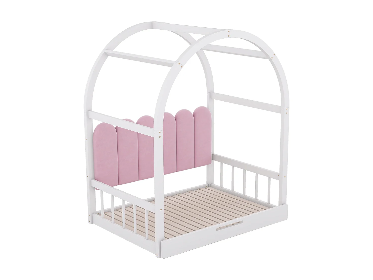 Lit gigogne 140x100/200cm en bois massif - avec tête en velours et sommier à lattes - Rose & Blanc