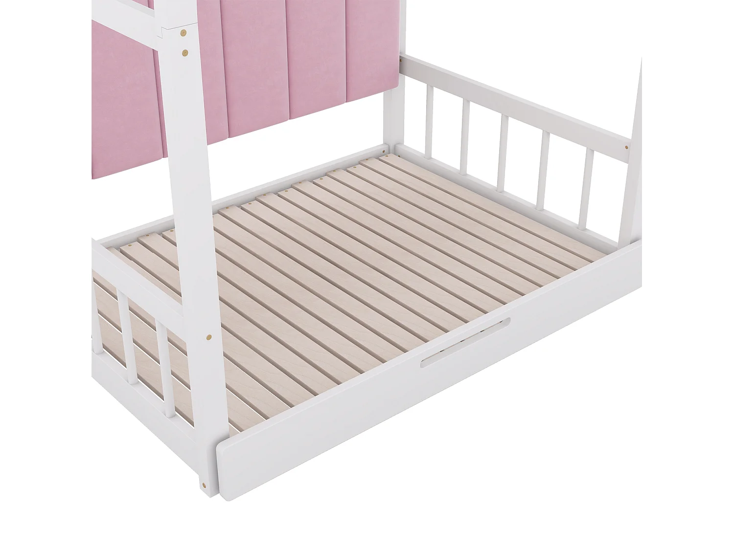 Lit gigogne 140x100/200cm en bois massif - avec tête en velours et sommier à lattes - Rose & Blanc