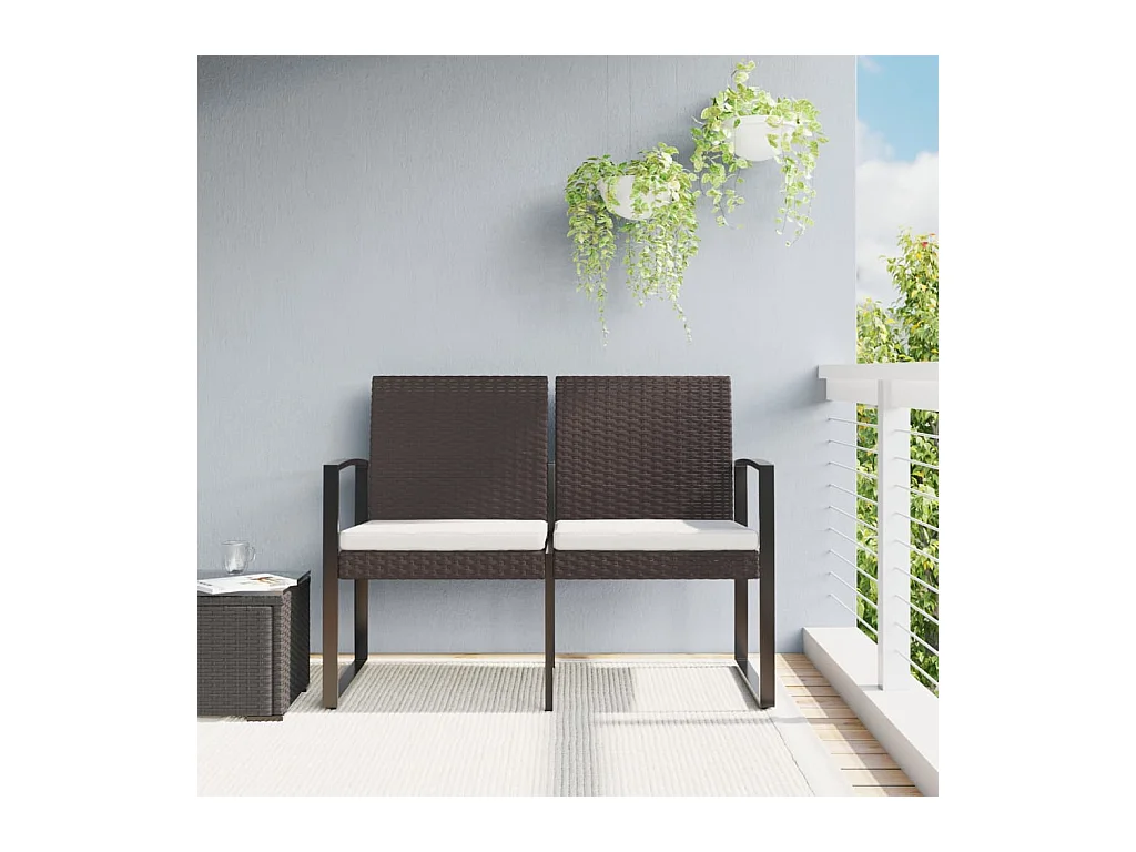 Banc de jardin à 2 places avec coussins marron PP rotin