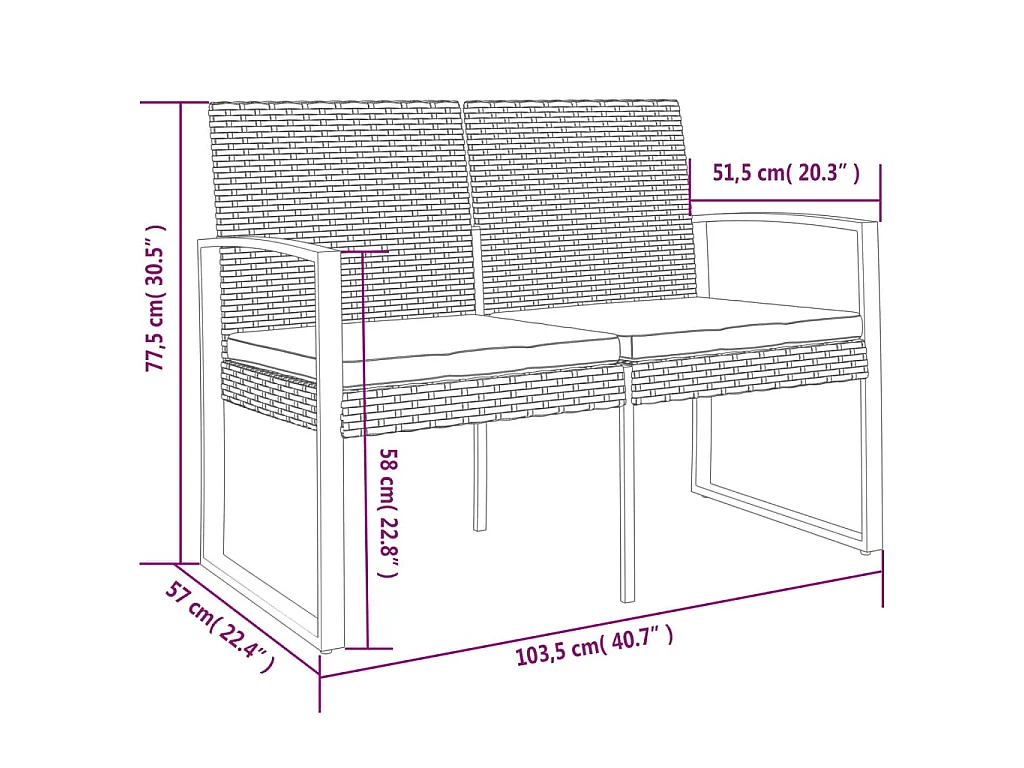 Banc de jardin à 2 places avec coussins marron PP rotin