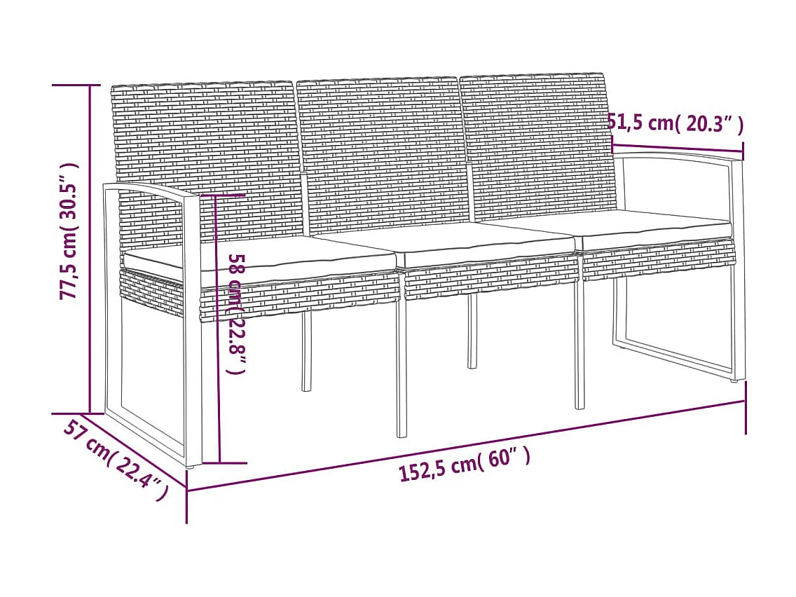 Tuinbank 3-zits met kussens polypropeen rattan bruin