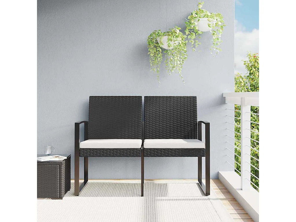 Gartenbank 2-Sitzer mit Kissen Schwarz PP-Rattan