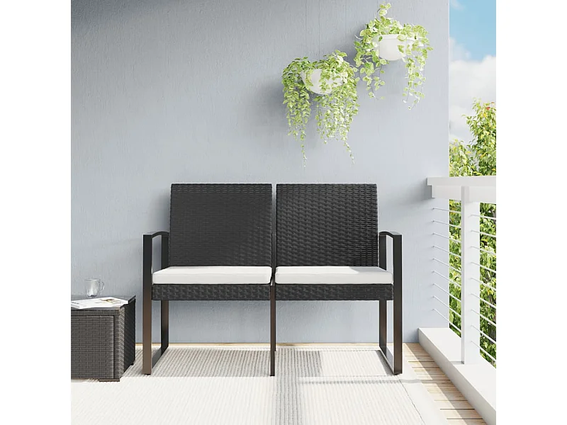 Banc de jardin à 2 places avec coussins noir rotin PP