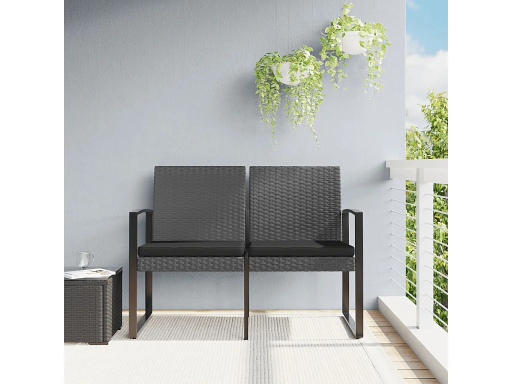 Panca da Giardino a 2 Posti con Cuscini Rattan PP Grigio Scuro