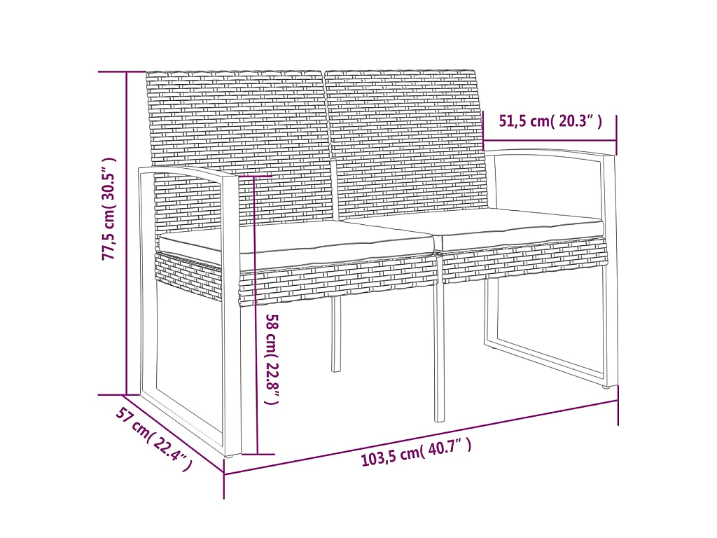 Panca da Giardino a 2 Posti con Cuscini Rattan PP Grigio Scuro