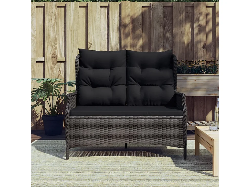 Panca da Giardino a 2 Posti con Cuscini in Polyrattan Nero